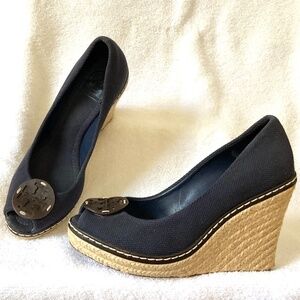 Tory Burch Navy Canvas Espadrille Wedge Peep Toe Logo Platform Sandals SZ 9M